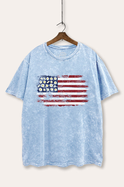 Distressed Floral USA Flag Graphic Mineral Wash Boxy Tee