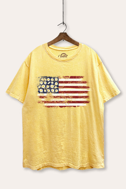 Distressed Floral USA Flag Graphic Mineral Wash Boxy Tee