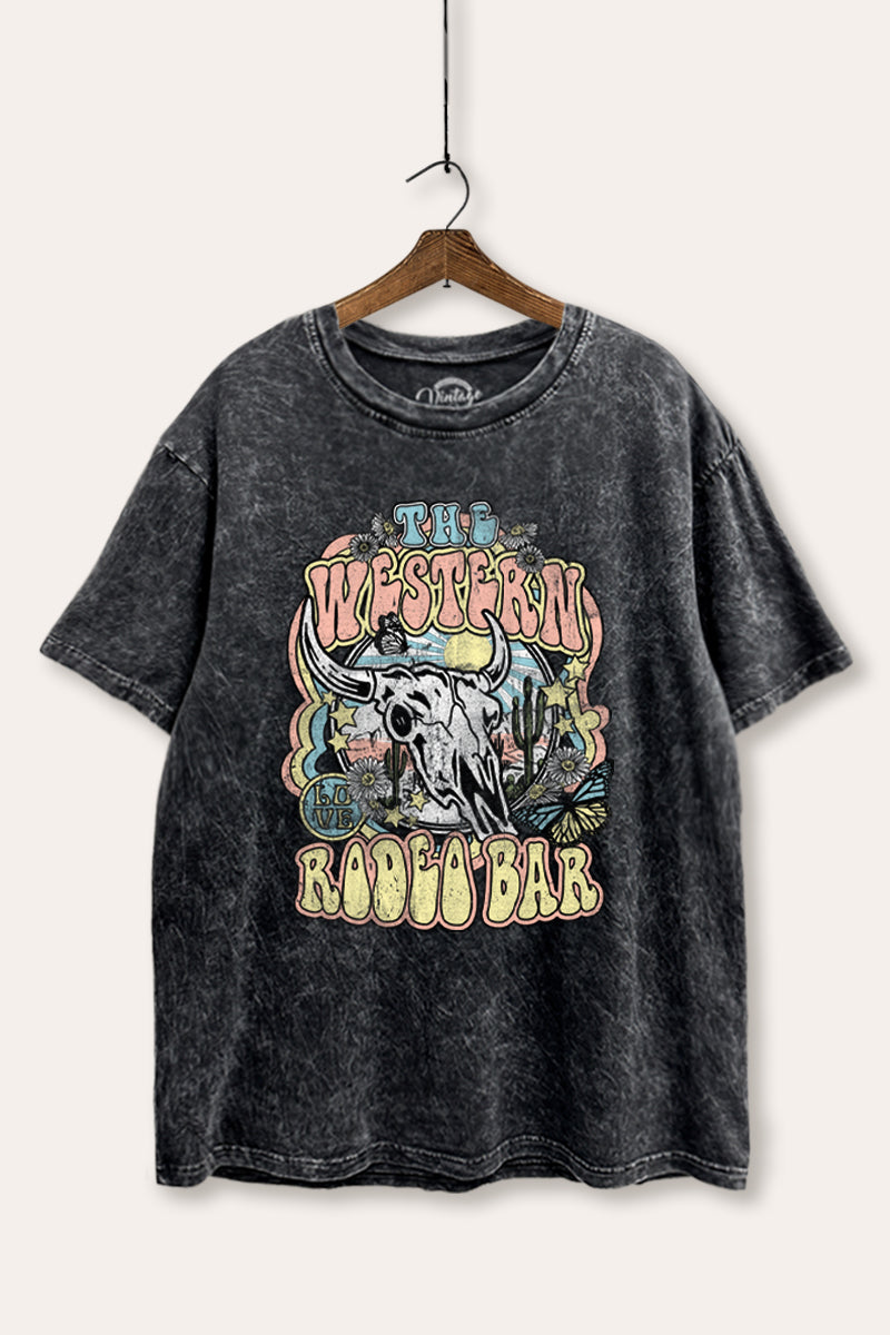 "the western rodeo bar" tie dye mineral wash boxy graphic tee