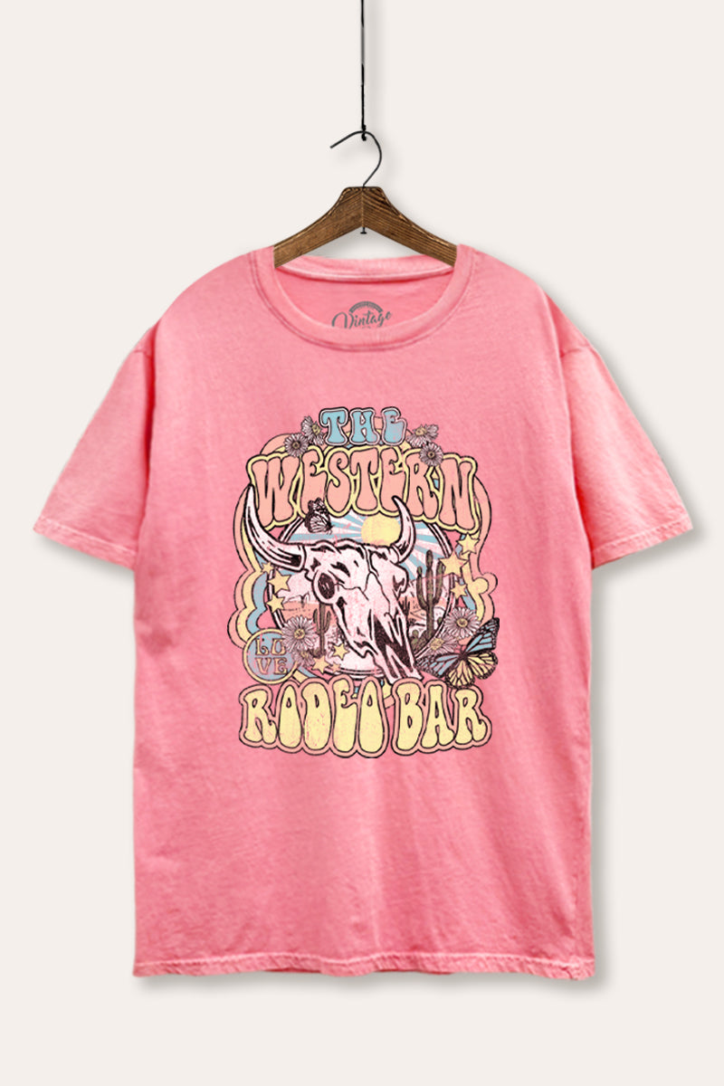 "the western rodeo bar" tie dye mineral wash boxy graphic tee