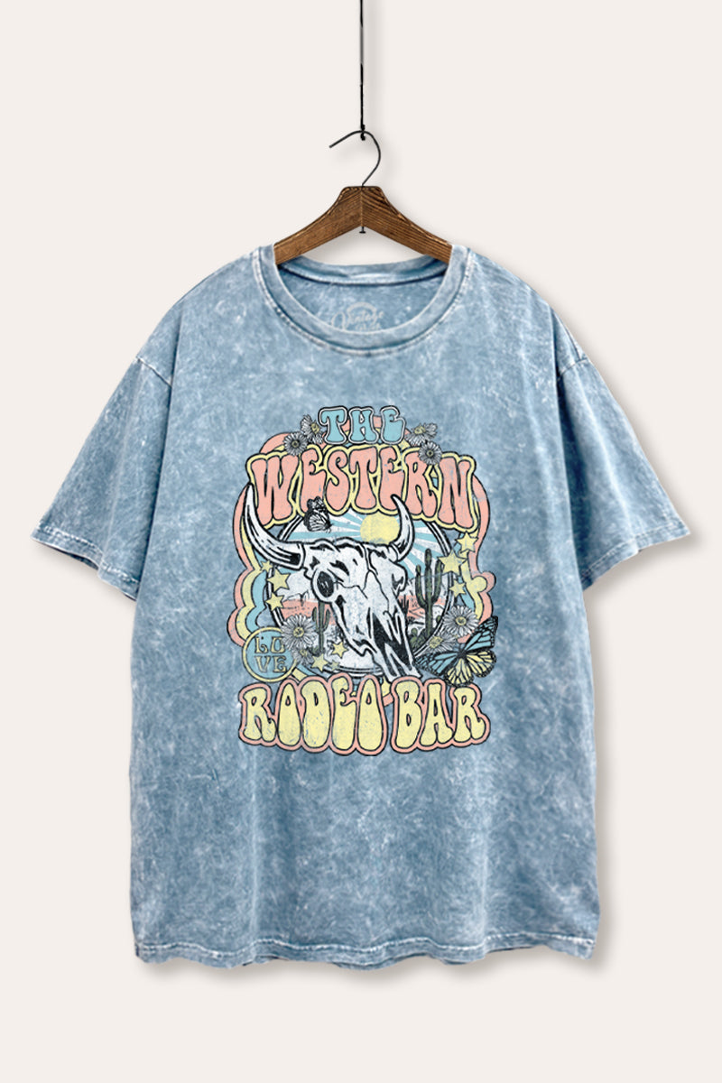 "the western rodeo bar" tie dye mineral wash boxy graphic tee