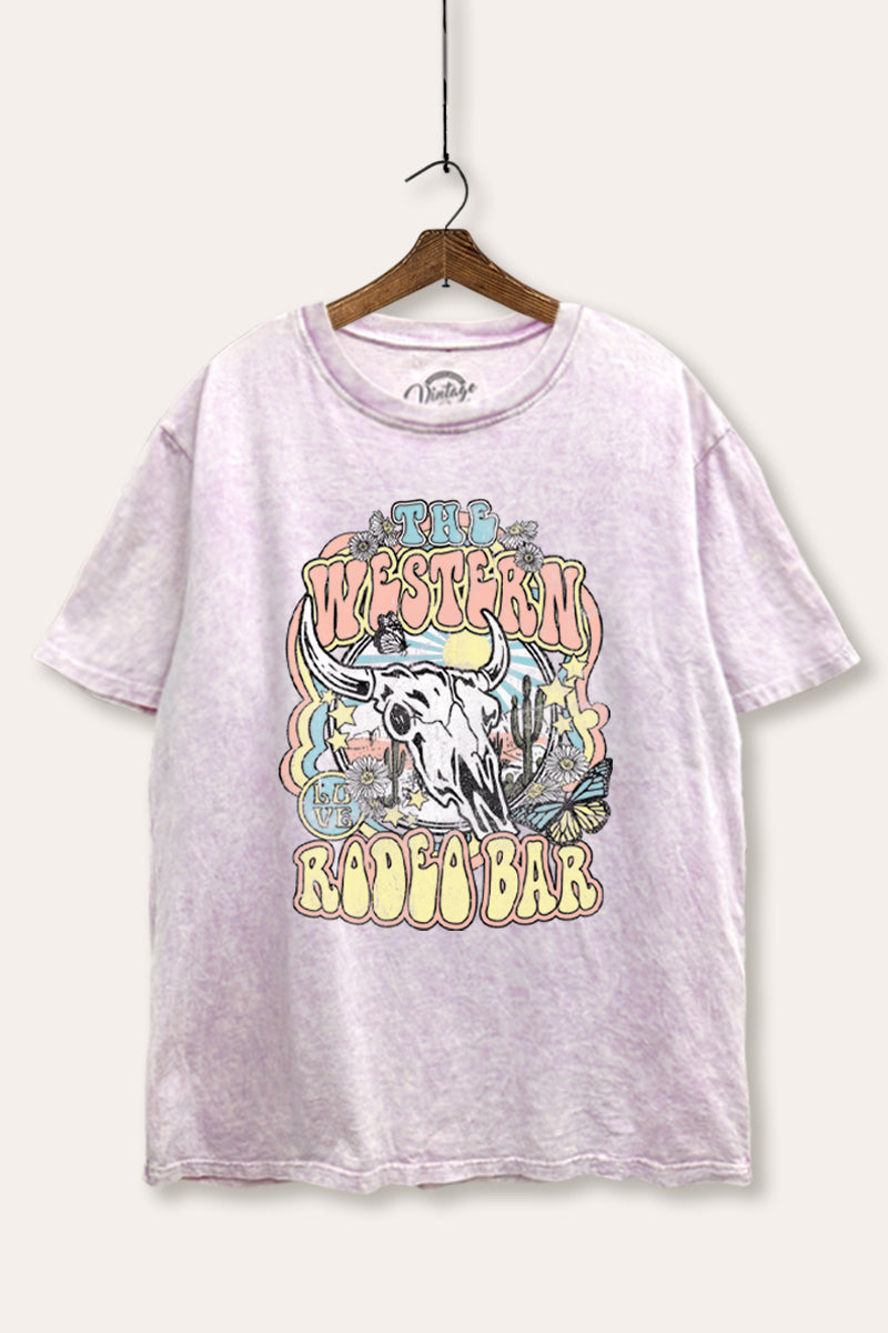 "the western rodeo bar" tie dye mineral wash boxy graphic tee