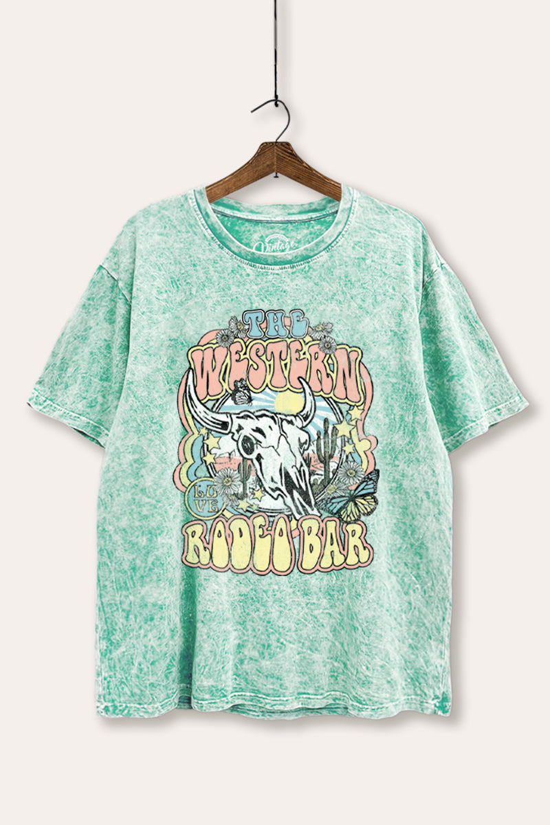 "the western rodeo bar" tie dye mineral wash boxy graphic tee
