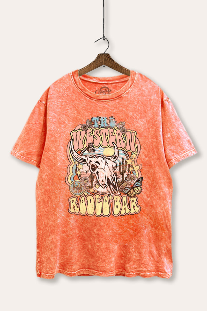 "the western rodeo bar" tie dye mineral wash boxy graphic tee