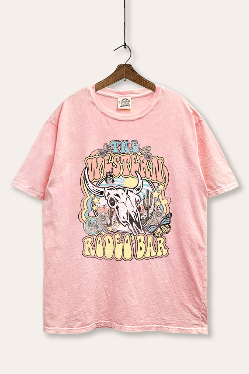 "the western rodeo bar" tie dye mineral wash boxy graphic tee