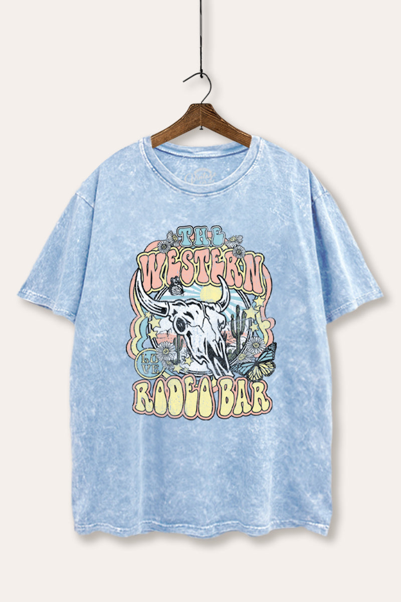 "the western rodeo bar" tie dye mineral wash boxy graphic tee