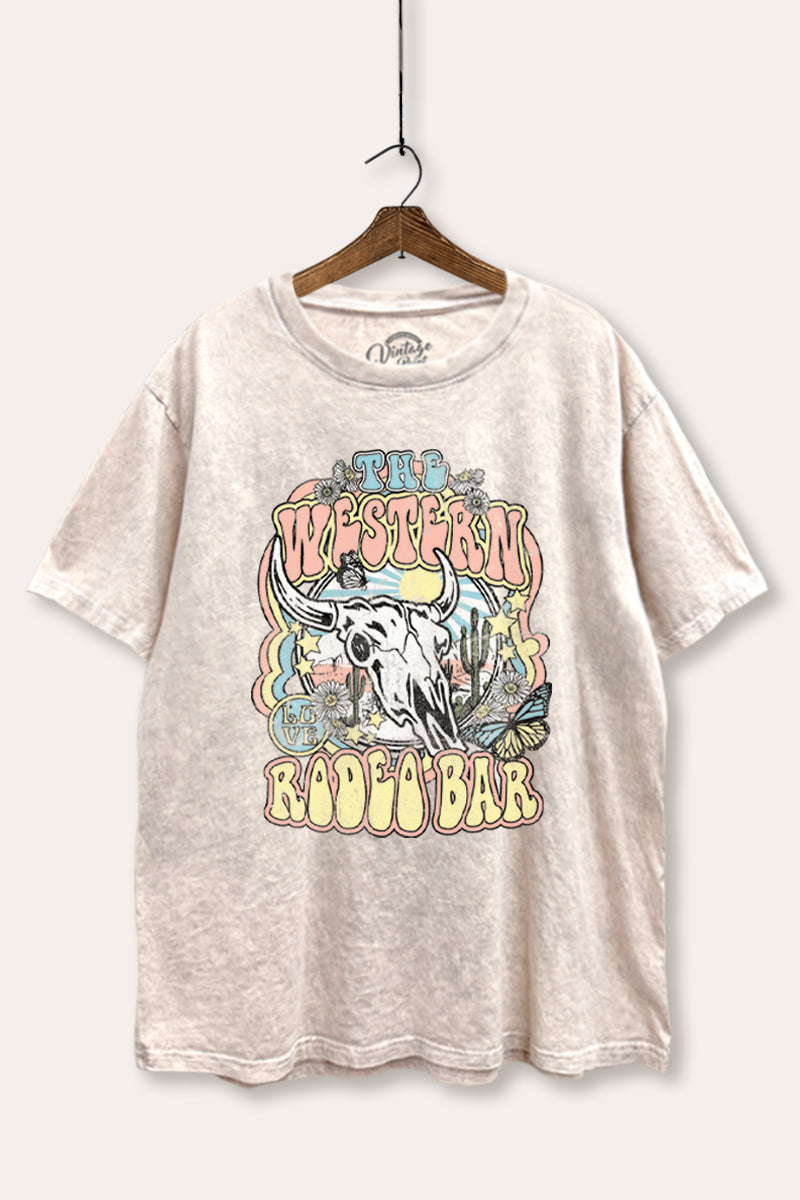 "the western rodeo bar" tie dye mineral wash boxy graphic tee
