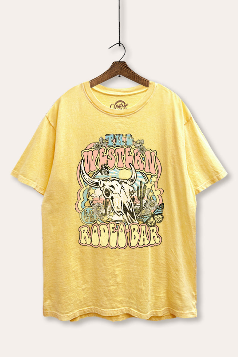 "the western rodeo bar" tie dye mineral wash boxy graphic tee