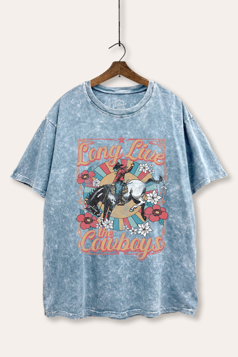 "long live the cowboys" tie dye mineral wash boxy graphic tee