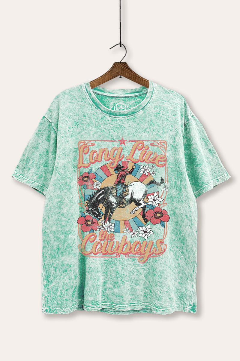 "long live the cowboys" tie dye mineral wash boxy graphic tee