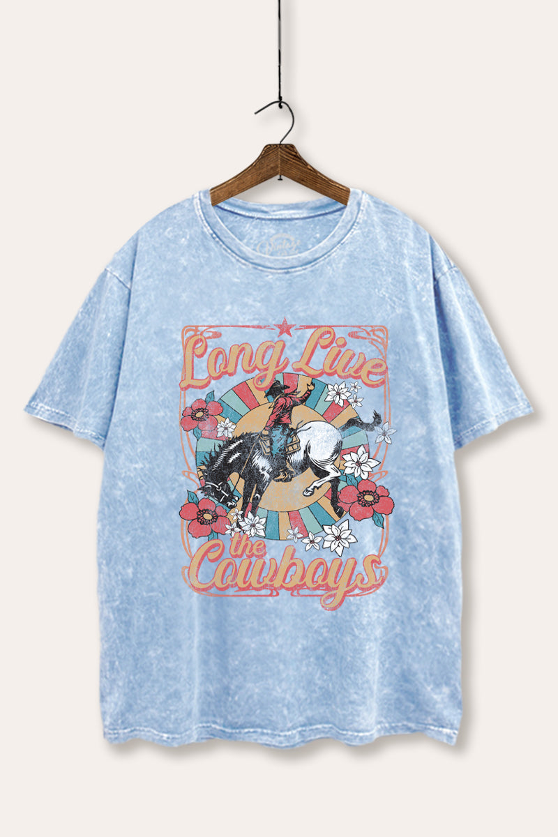 "long live the cowboys" tie dye mineral wash boxy graphic tee