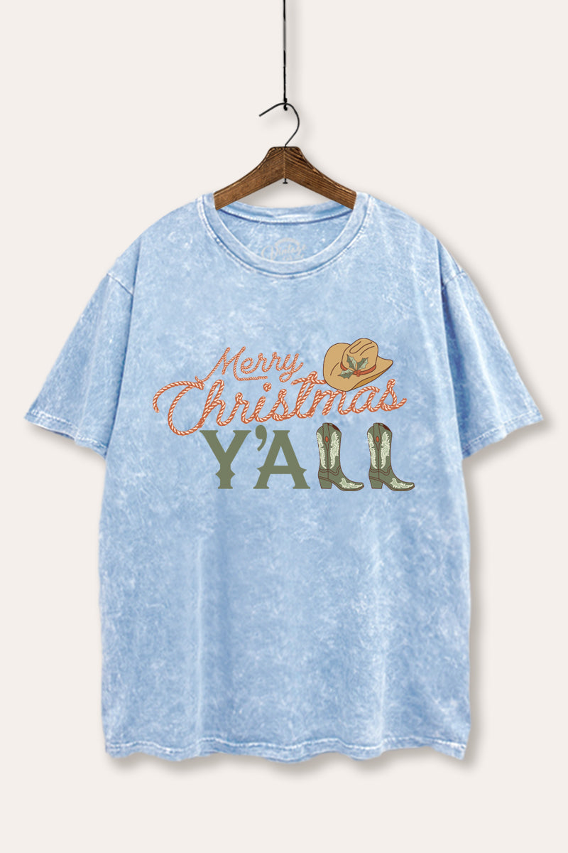 "merry christmas y'all" mineral wash boxy graphic tee