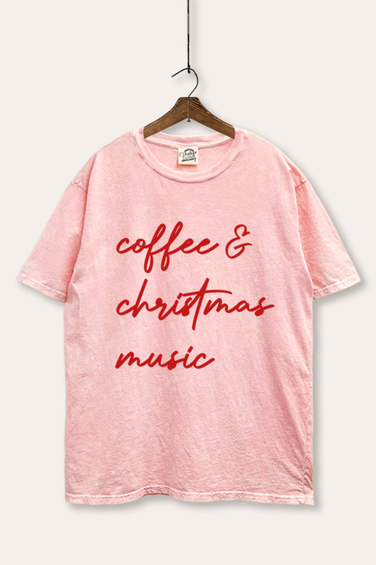 "coffee & christmas music" typography mineral wash boxy graphic tee