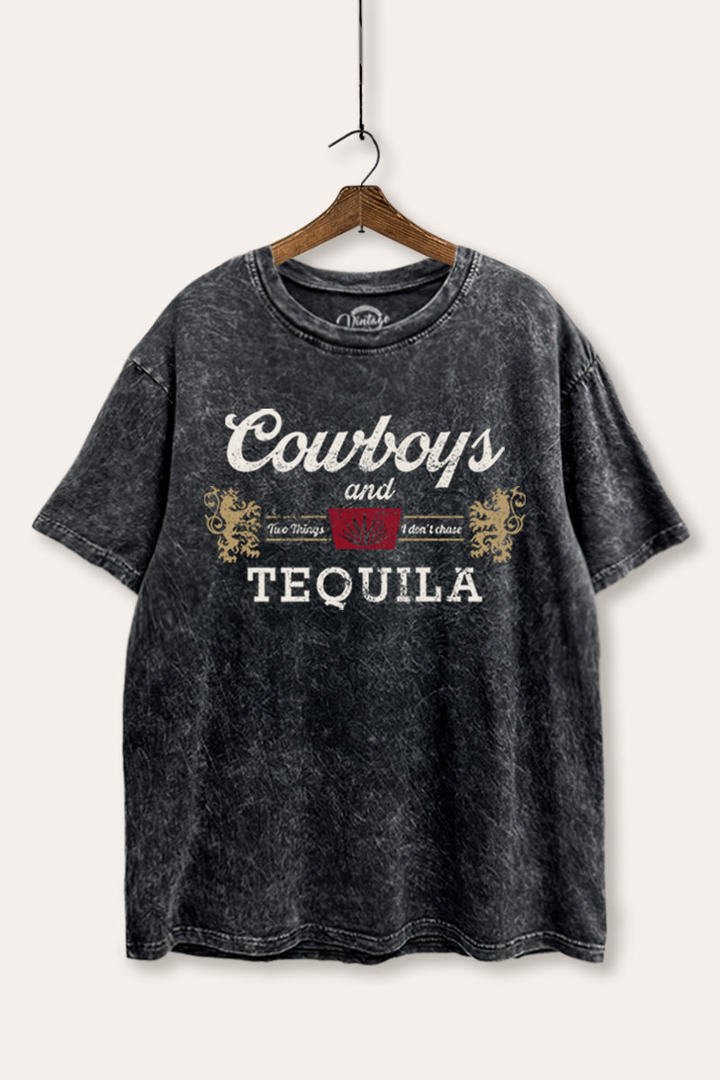 "cowboys & tequila" graphic mineral wash boxy tee
