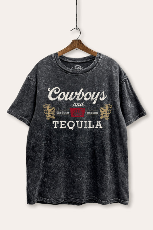 "cowboys & tequila" graphic mineral wash boxy tee