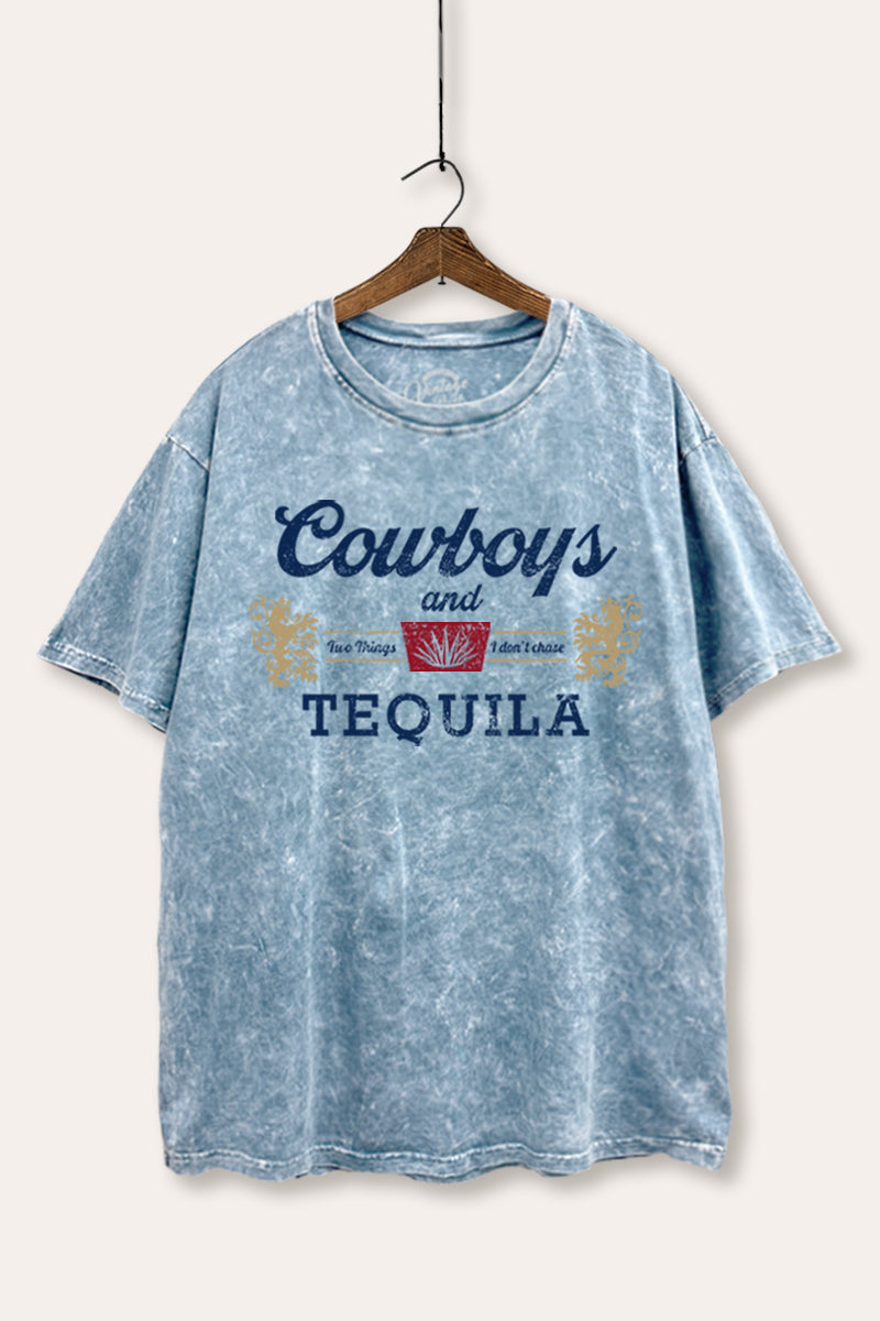 "cowboys & tequila" graphic mineral wash boxy tee