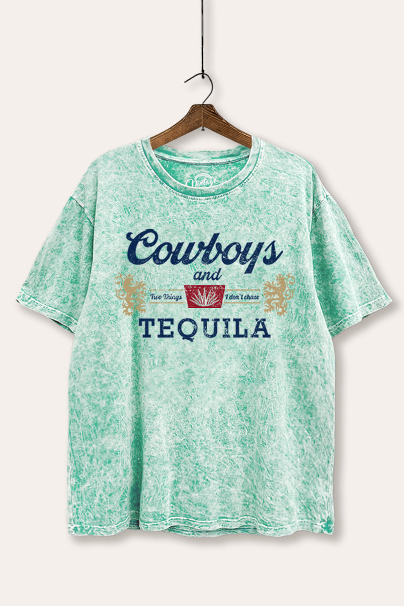 "cowboys & tequila" graphic mineral wash boxy tee