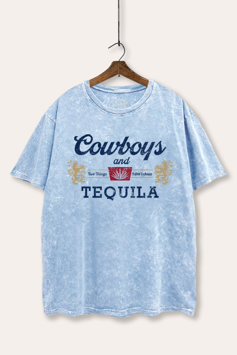 "cowboys & tequila" graphic mineral wash boxy tee