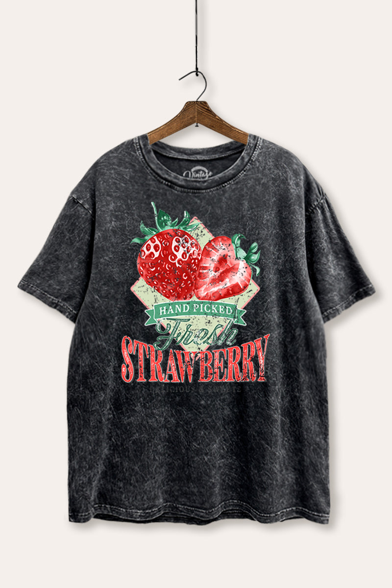 Distressed Strawberry Fruit Graphic Mineral Wash Boxy Tee