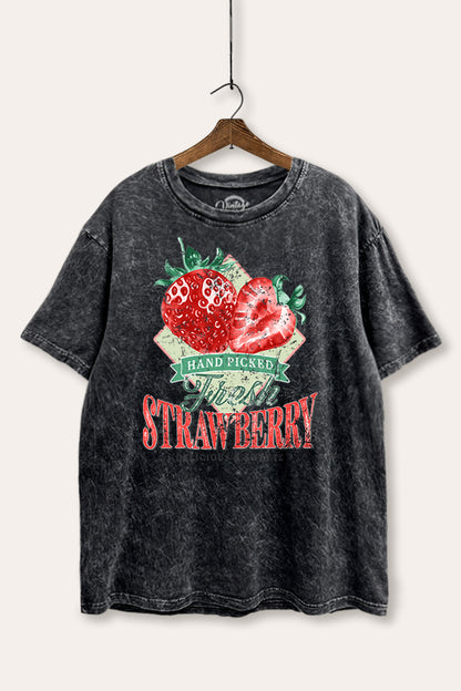 Distressed Strawberry Fruit Graphic Mineral Wash Boxy Tee