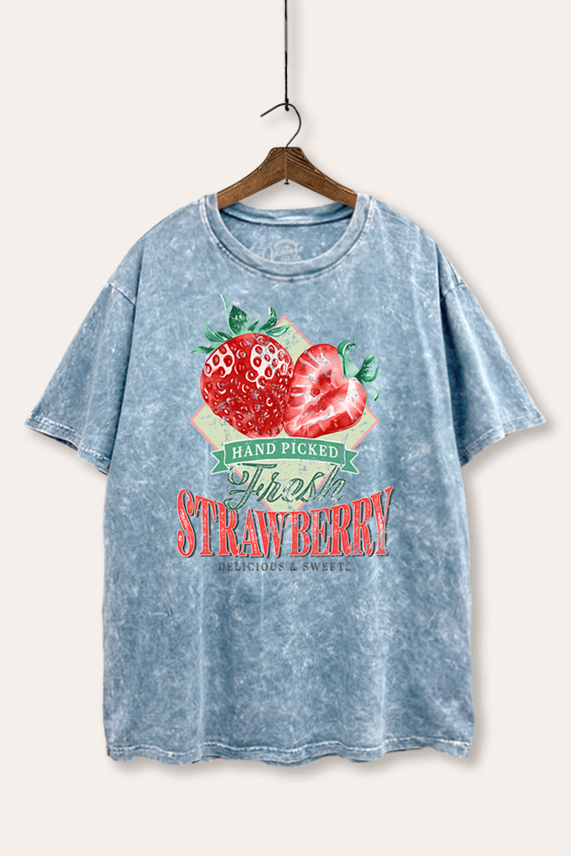 Distressed Strawberry Fruit Graphic Mineral Wash Boxy Tee