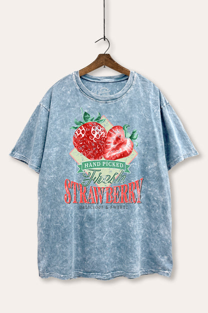 Distressed Strawberry Fruit Graphic Mineral Wash Boxy Tee