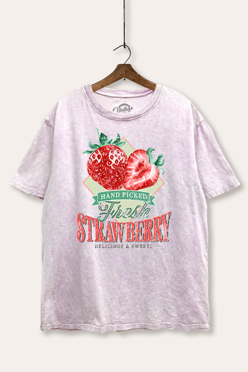 Distressed Strawberry Fruit Graphic Mineral Wash Boxy Tee