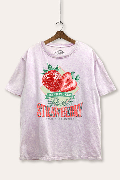 Distressed Strawberry Fruit Graphic Mineral Wash Boxy Tee