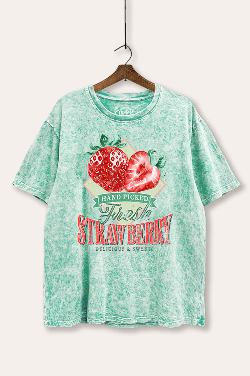 Distressed Strawberry Fruit Graphic Mineral Wash Boxy Tee