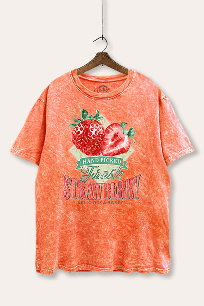 Distressed Strawberry Fruit Graphic Mineral Wash Boxy Tee