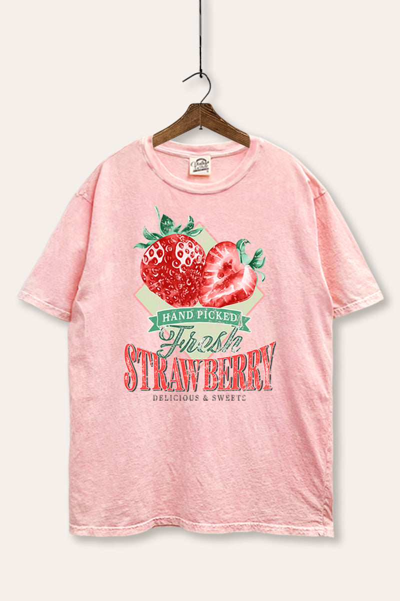 Distressed Strawberry Fruit Graphic Mineral Wash Boxy Tee