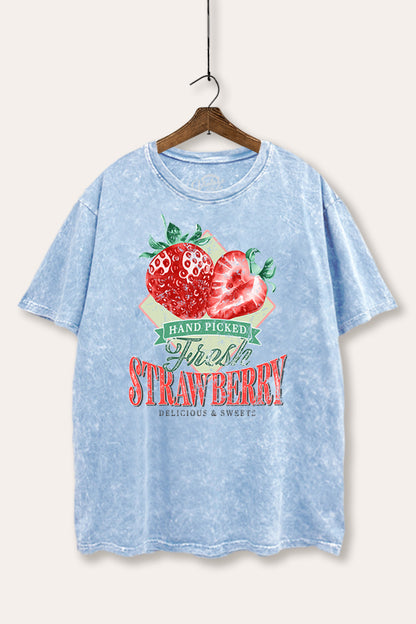Distressed Strawberry Fruit Graphic Mineral Wash Boxy Tee