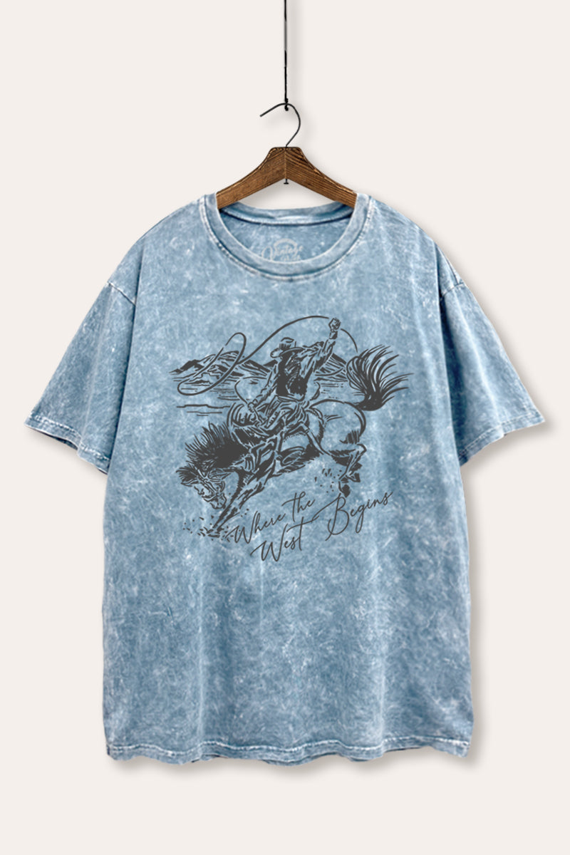 "where the west begins" tie dye oversized boxy graphic tee
