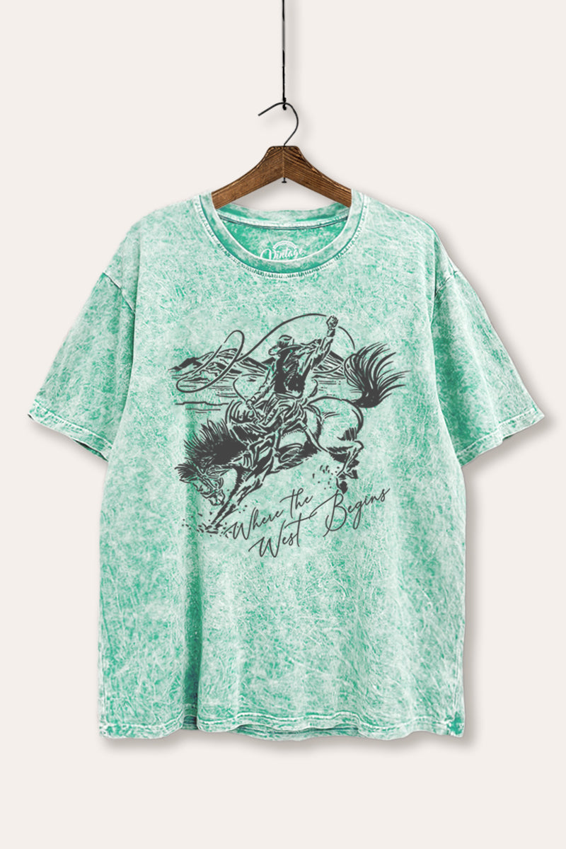 "where the west begins" tie dye oversized boxy graphic tee