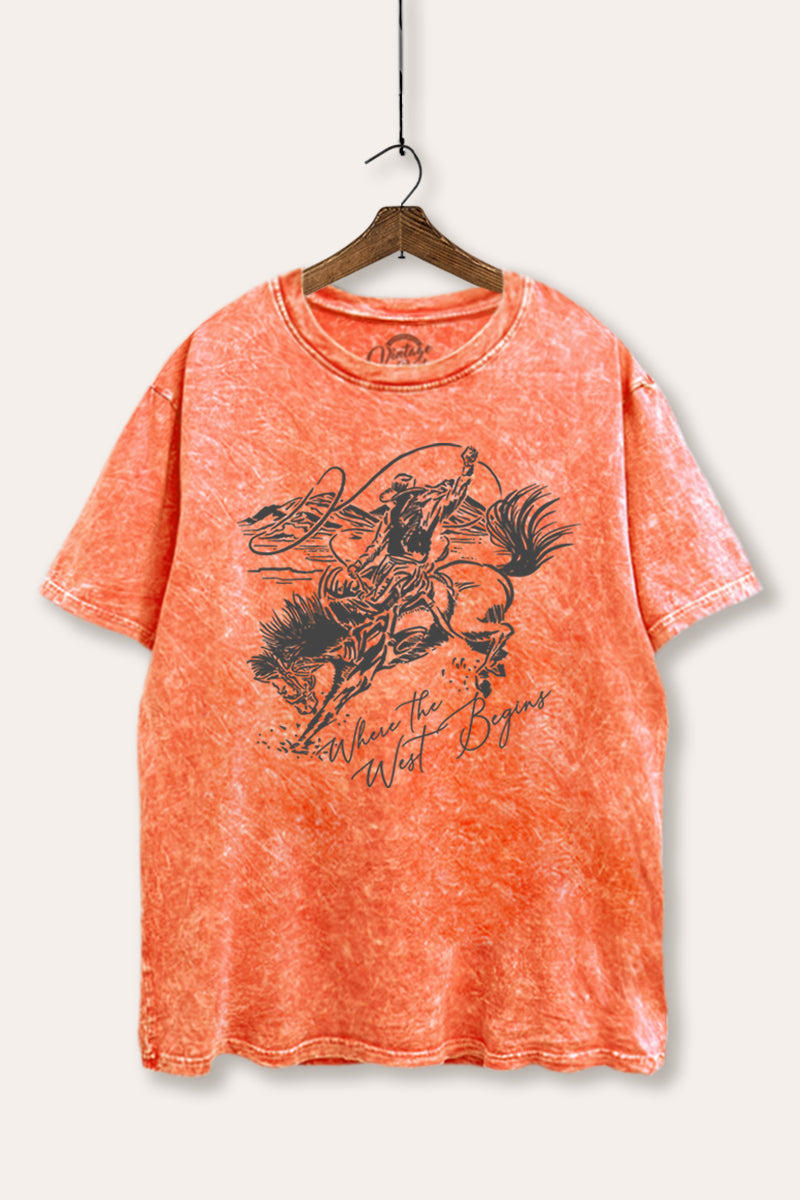 "where the west begins" tie dye oversized boxy graphic tee