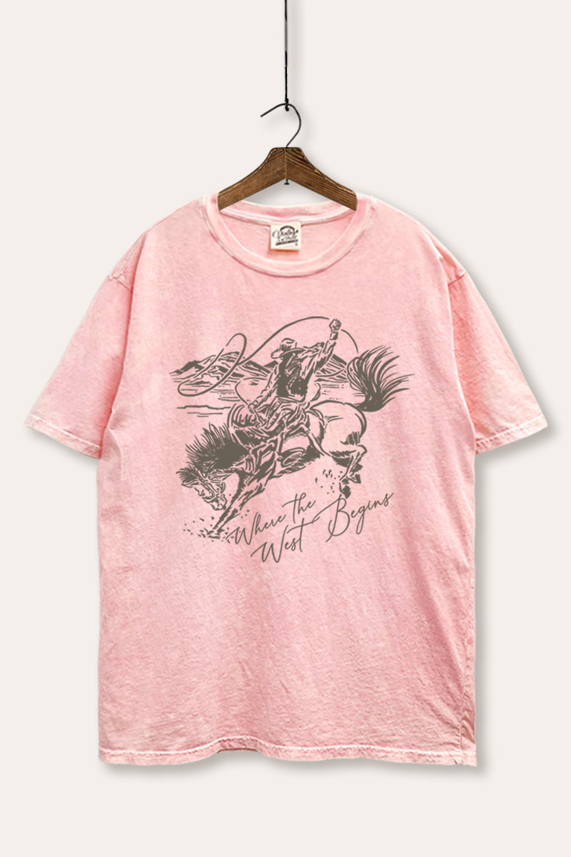 "where the west begins" tie dye oversized boxy graphic tee