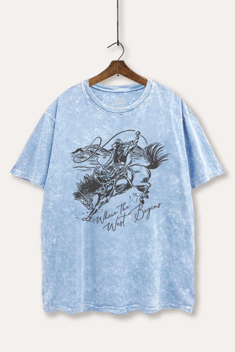 "where the west begins" tie dye oversized boxy graphic tee