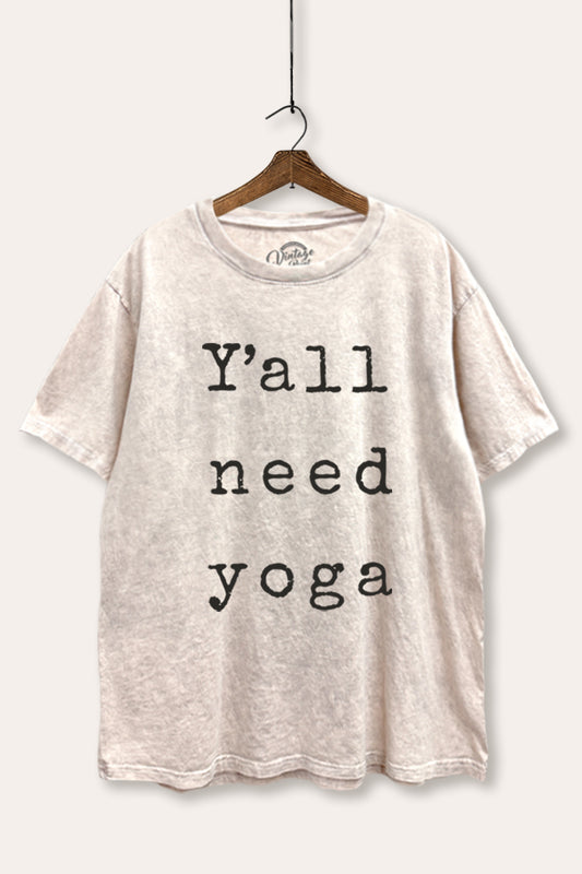 "y'all need yoga" graphic mineral wash boxy tee