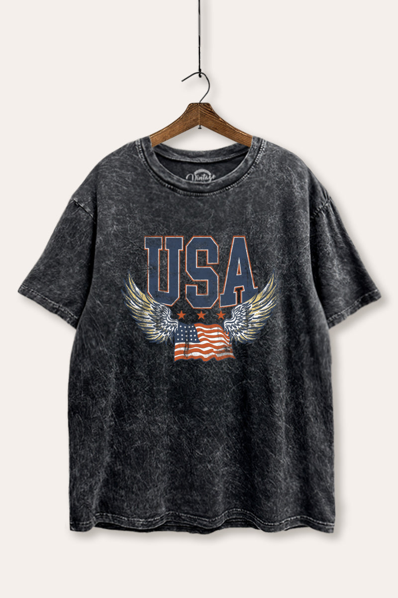 USA Flag Wings Of Freedom Graphic Mineral Wash Boxy Tee