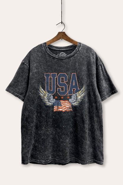 USA Flag Wings Of Freedom Graphic Mineral Wash Boxy Tee