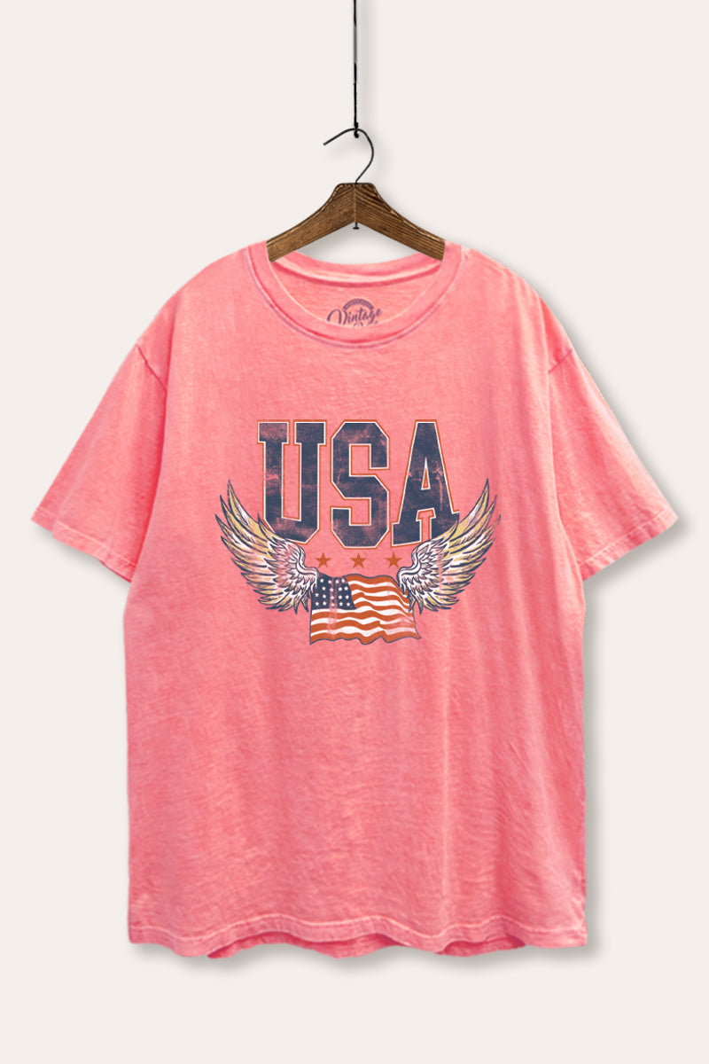 USA Flag Wings Of Freedom Graphic Mineral Wash Boxy Tee