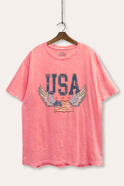 USA Flag Wings Of Freedom Graphic Mineral Wash Boxy Tee