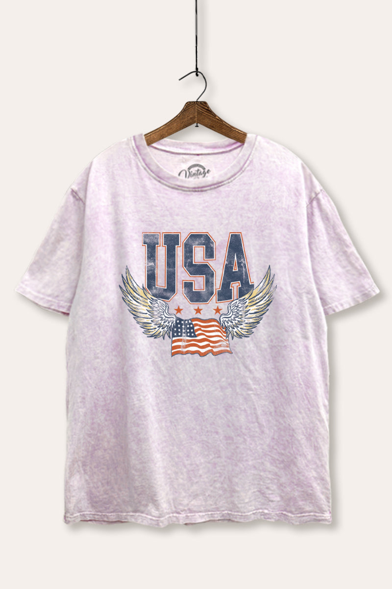 USA Flag Wings Of Freedom Graphic Mineral Wash Boxy Tee