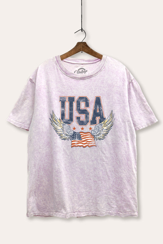 USA Flag Wings Of Freedom Graphic Mineral Wash Boxy Tee