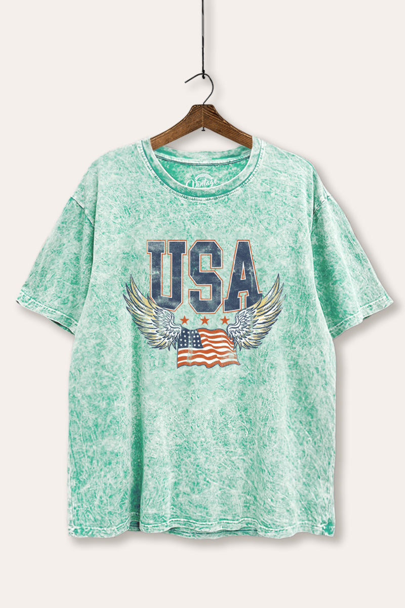 USA Flag Wings Of Freedom Graphic Mineral Wash Boxy Tee