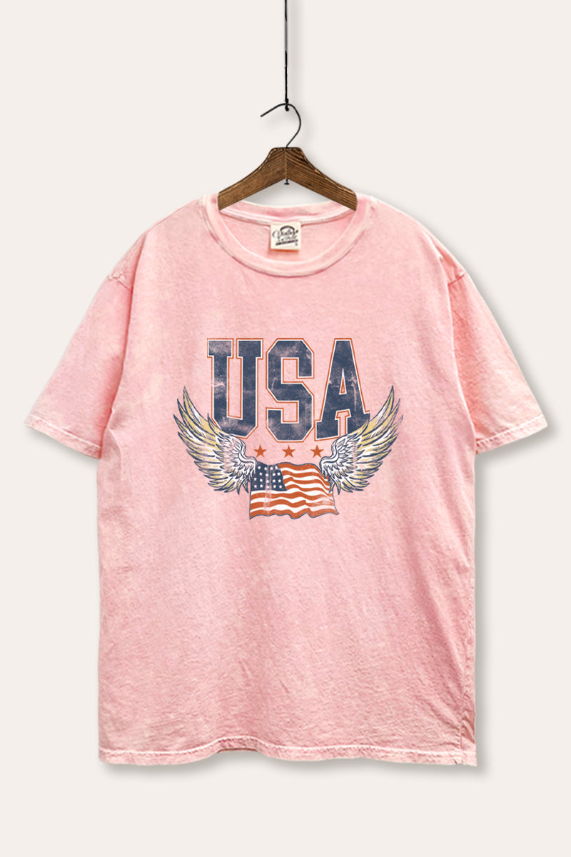 USA Flag Wings Of Freedom Graphic Mineral Wash Boxy Tee