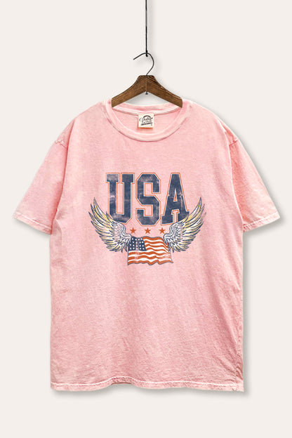 USA Flag Wings Of Freedom Graphic Mineral Wash Boxy Tee