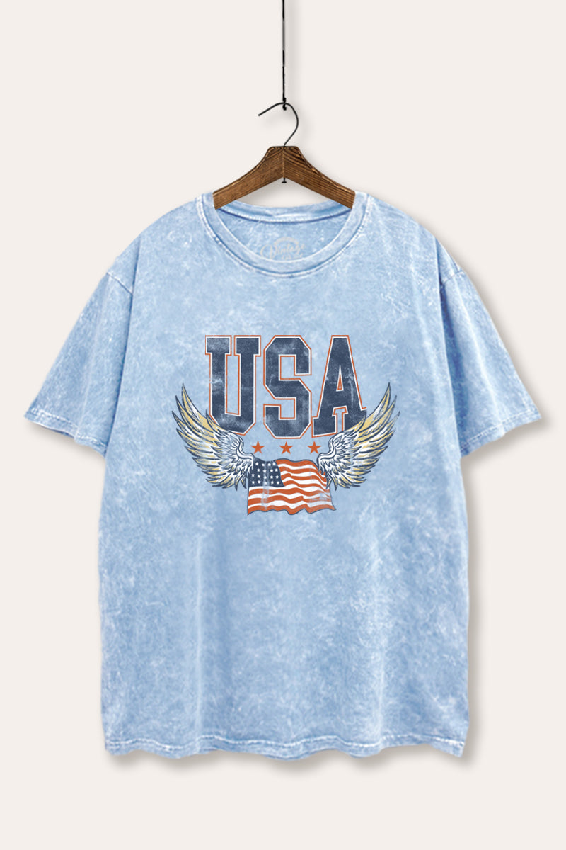 USA Flag Wings Of Freedom Graphic Mineral Wash Boxy Tee