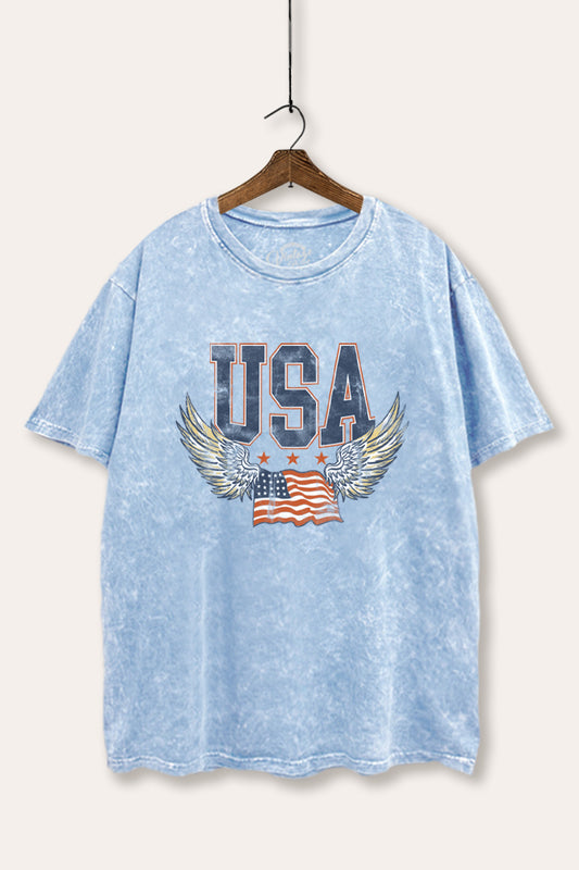 USA Flag Wings Of Freedom Graphic Mineral Wash Boxy Tee