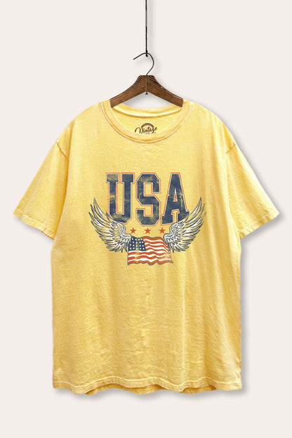USA Flag Wings Of Freedom Graphic Mineral Wash Boxy Tee
